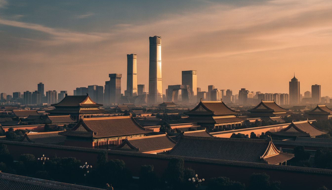 Beijing skyline at golden hour with Forbidden City rooftops
