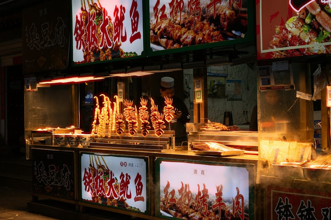 Grilled meat skewers at a Guizhou night market