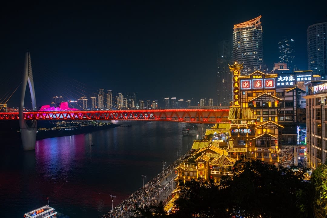 Hongyadong illuminated stilt houses at night in Chongqing