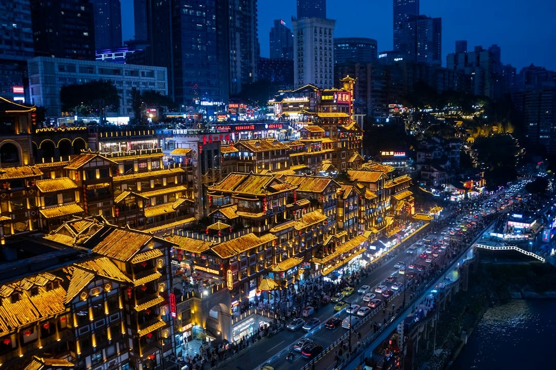 Chongqing panoramic skyline at dusk with illuminated Hongyadong