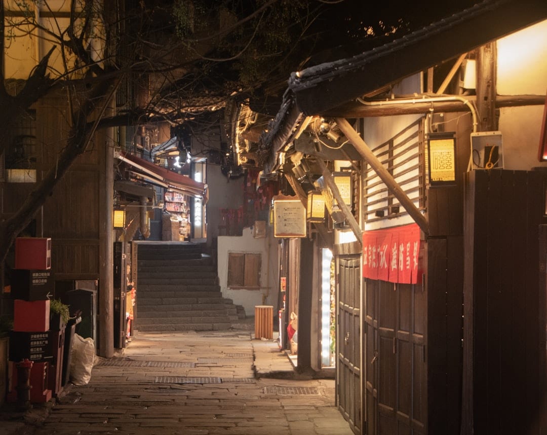 Ciqikou ancient town narrow alley with stairs and shops