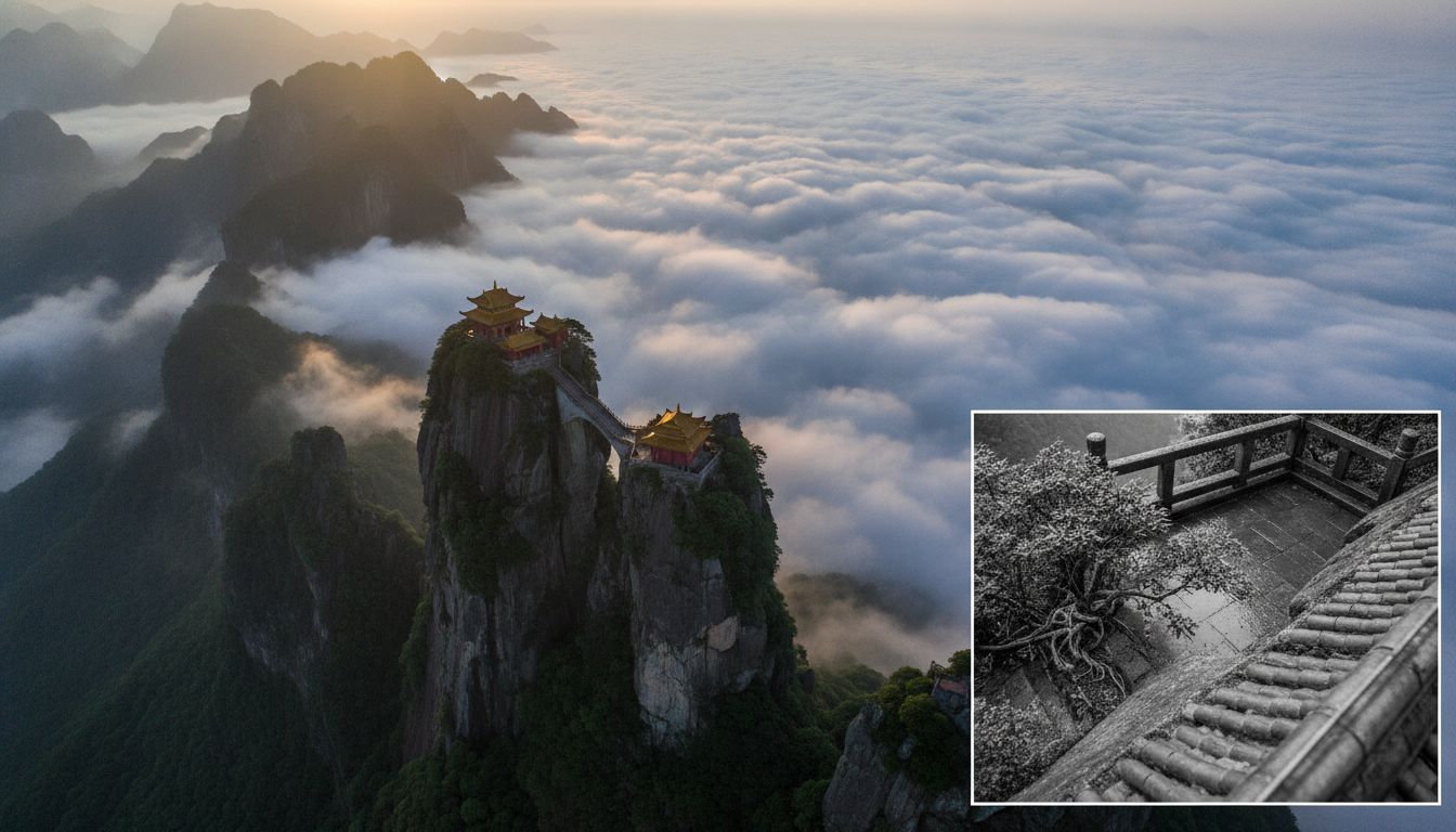 Fanjing Mountain golden summit temple above a sea of clouds at sunrise