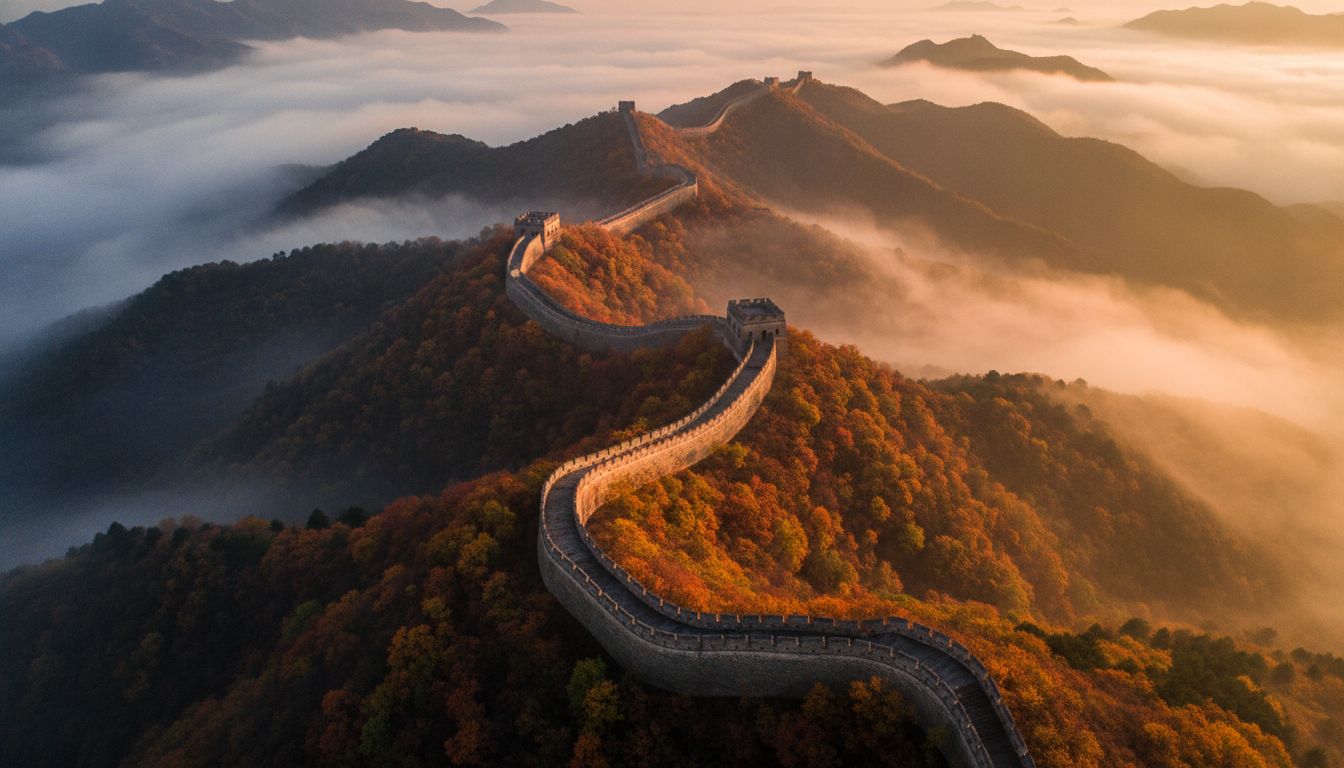 Great Wall of China panoramic aerial view at golden hour