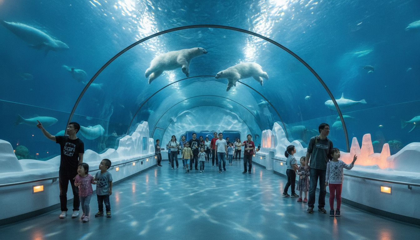 Harbin Polarland aquarium underwater tunnel with polar bears and visitors