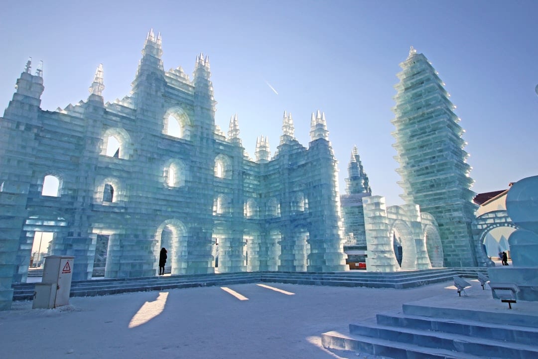 Sun Island Park in Harbin with winter snow sculptures and scenic landscape