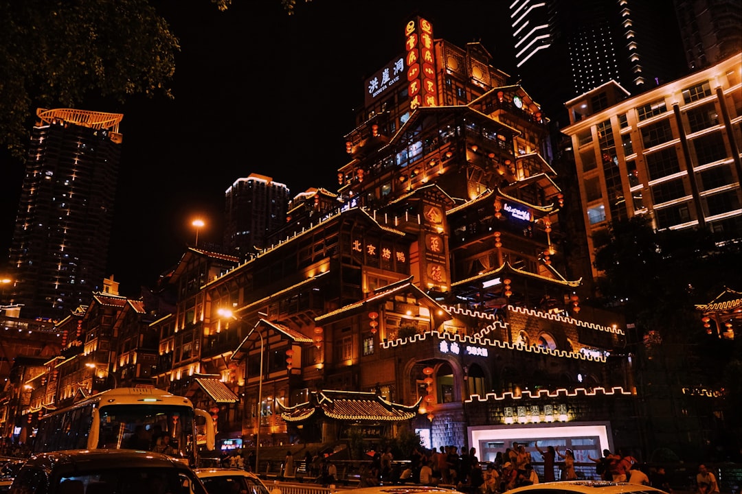 Hongya Cave traditional stilted buildings illuminated at night
