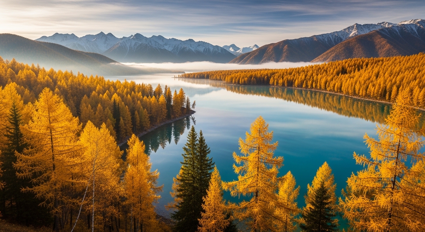 Kanas Lake - Autumn morning mist with golden forest reflections