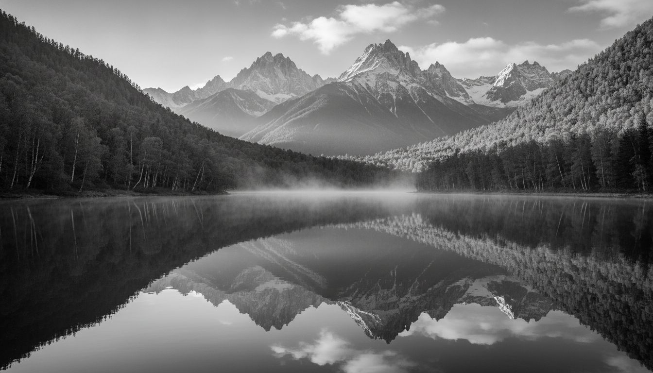 Kanas Lake panoramic view with autumn forests and mountains