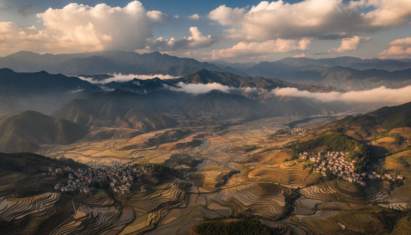 金色時刻的雲南全景山巒風光，雲霧繚繞的山峰