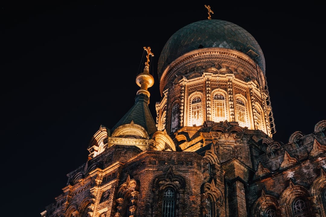 Saint Sophia Cathedral in Harbin with snow-covered Byzantine dome