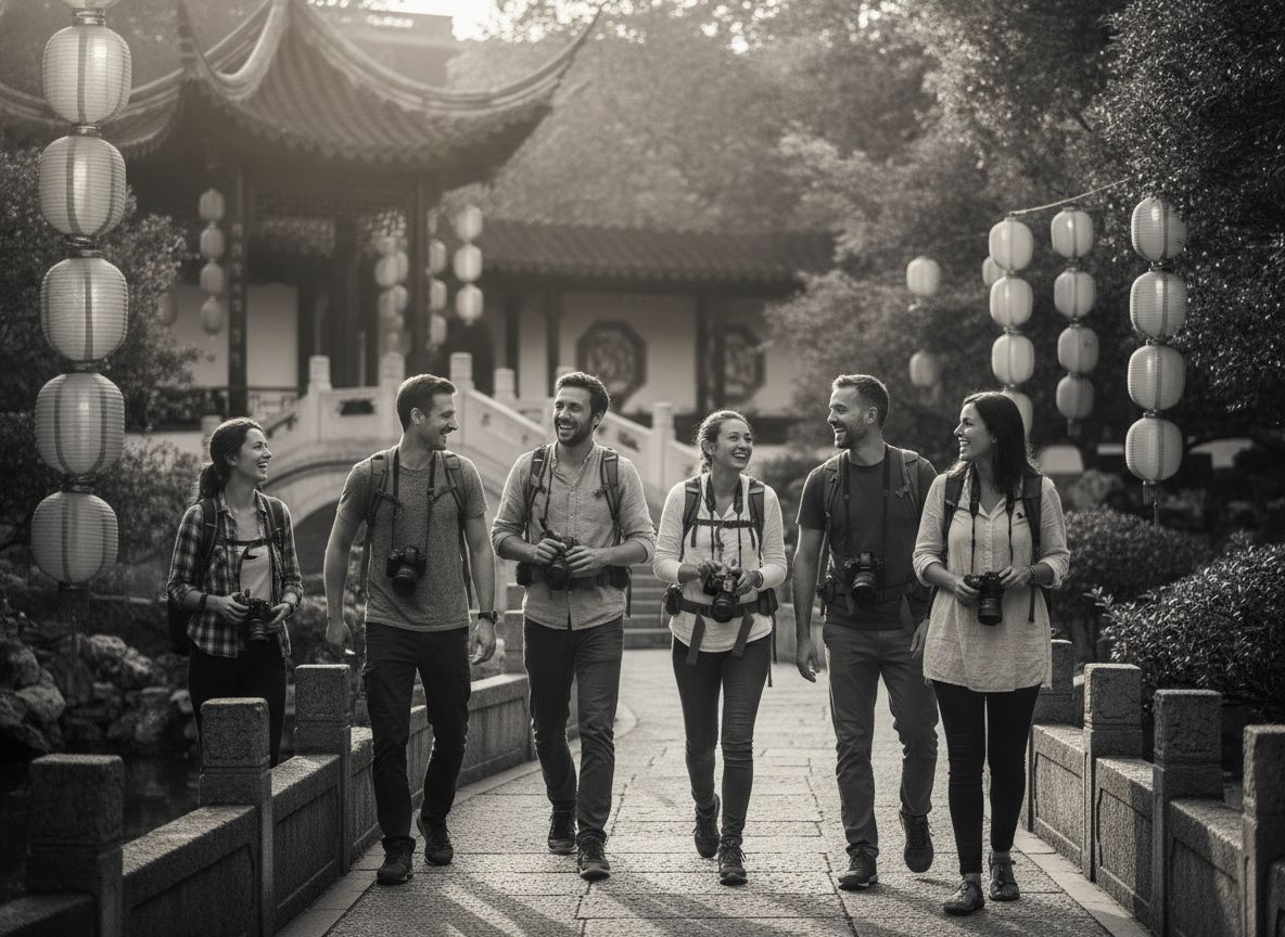 Diverse travelers enjoying a small group tour in a traditional Chinese garden