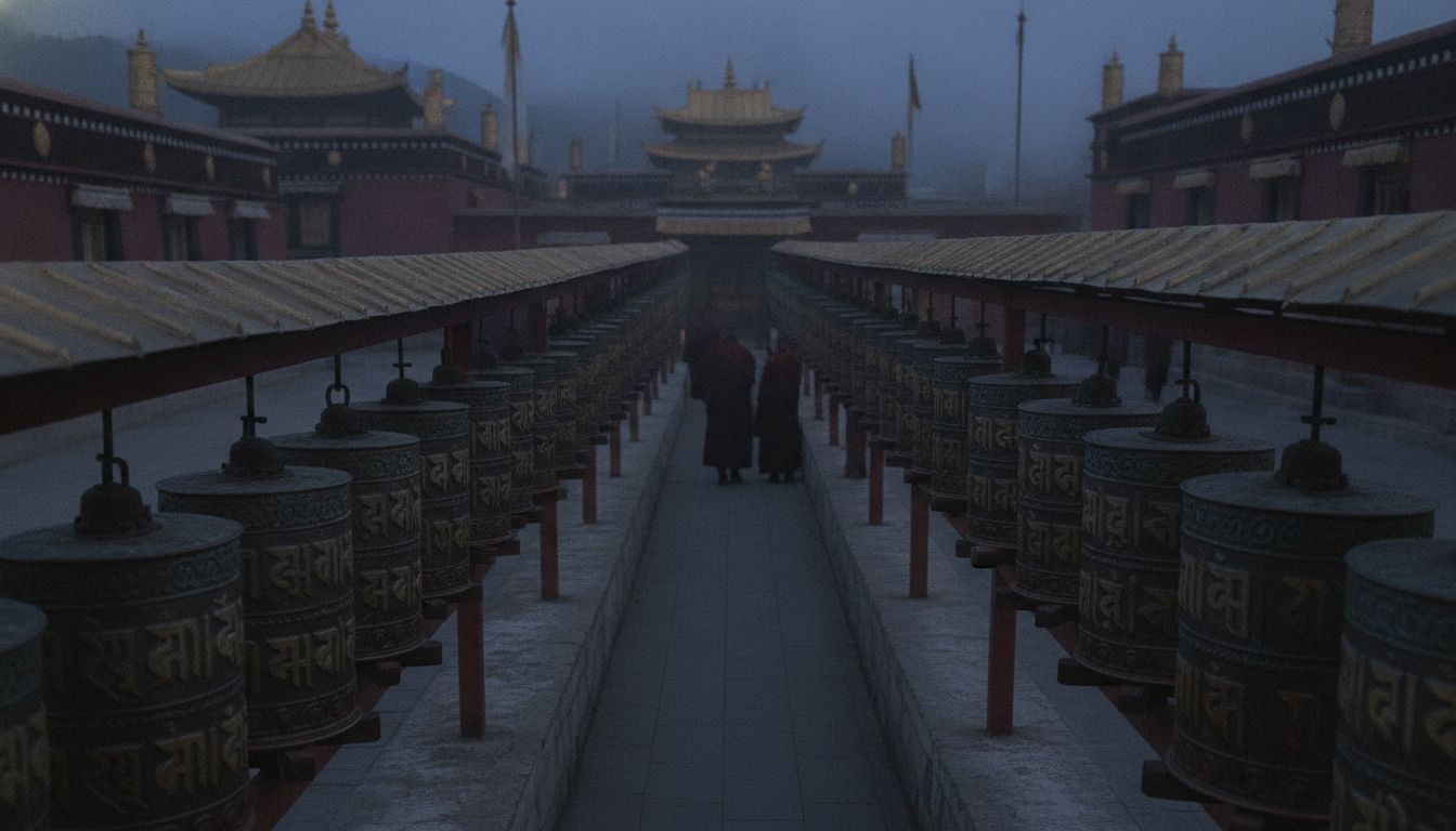 Tibetan prayer wheels at monastery
