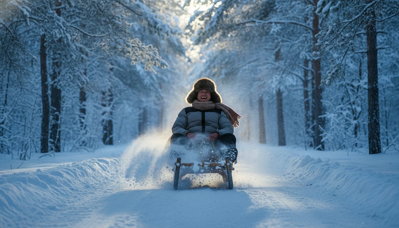 Sleigh ride through snow-covered pine forest
