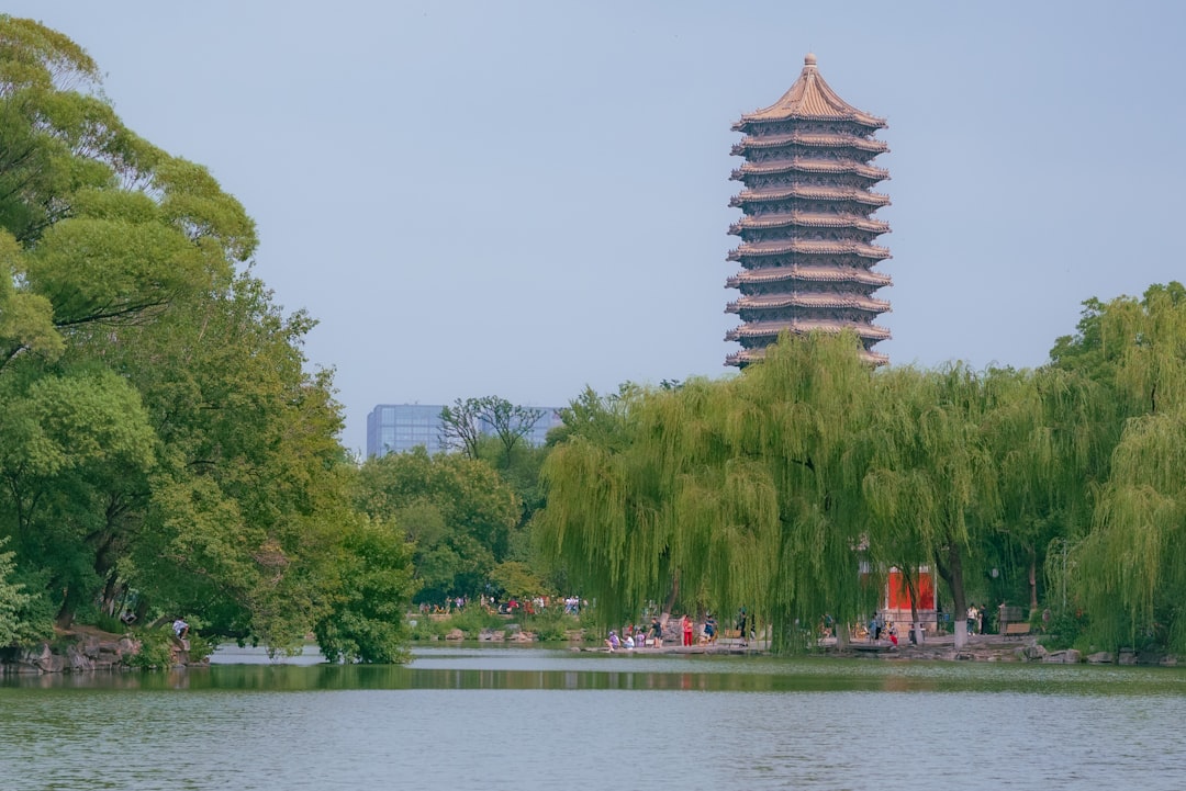 Xiamen University campus with lake