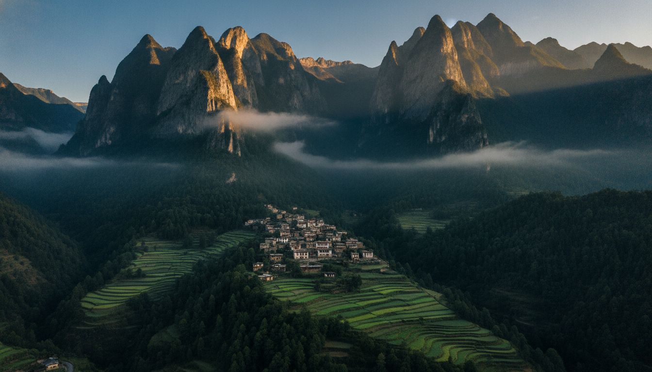 Zhagana dramatic karst peaks and village